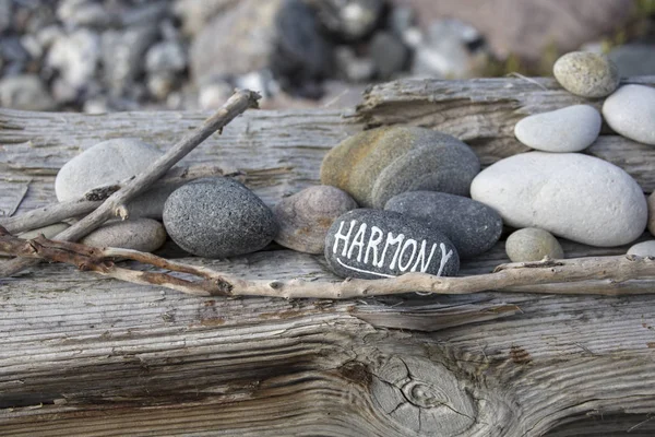 Harmonie Wort auf Kieselsteinen geschrieben — Stockfoto