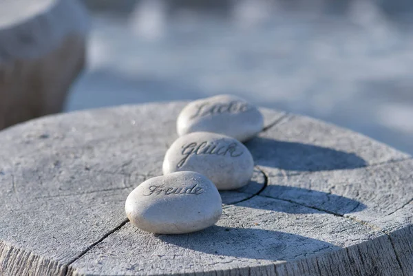 Engraved Stones German Words Joy, Luck, Love — Stock Photo, Image