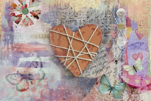 Mixed Media Ted Heart Collage Art — стоковое фото