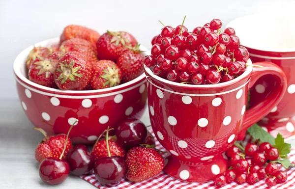 Red Summer Fruits In Polka Dot Mug — Stock Photo, Image