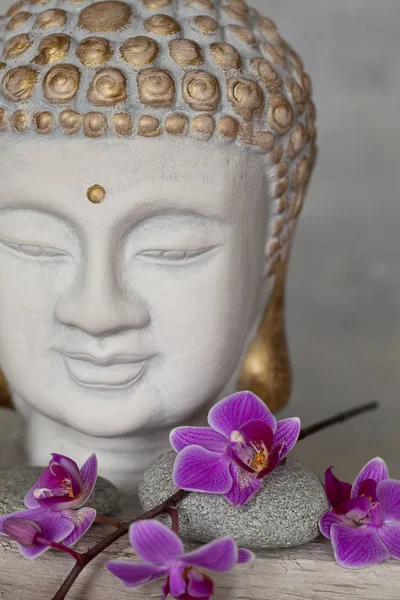 Buddha Head And Pink Orchid Zen — Stock Photo, Image