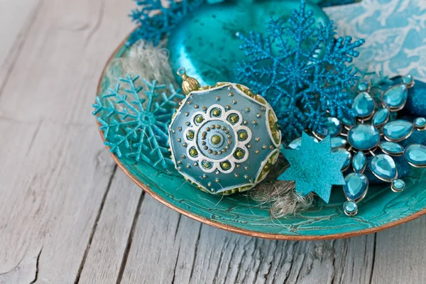 Blue turquoise Christmas Ornaments In A Bowl — Stock Photo, Image