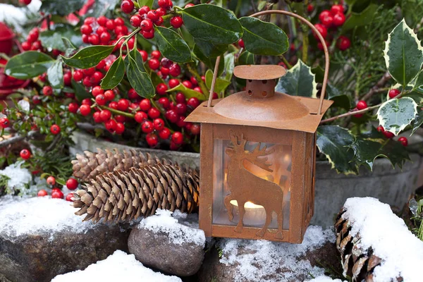 Outdoor Winter Still Life With Rustic Lantern — ストック写真