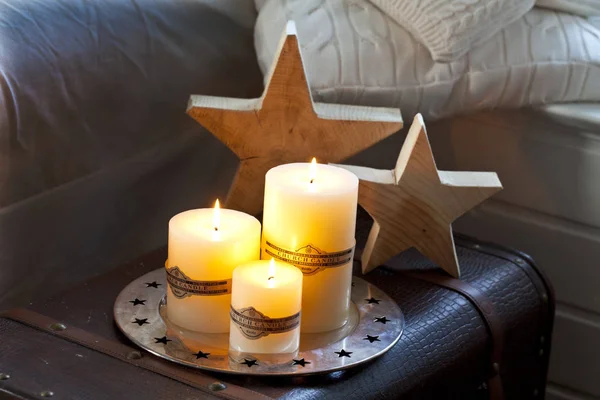 Winterly Decoration With Candles And Star — 스톡 사진