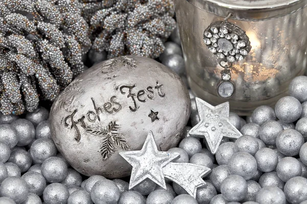 Christmas Decoration In Silver With German Text For Happy Holiday — ストック写真