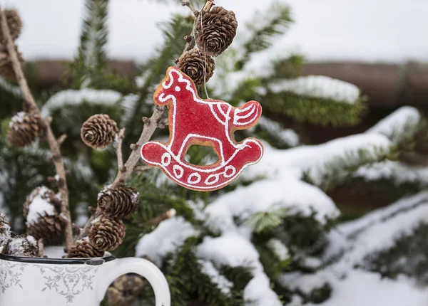 Rocking Horse Christmas Ornament And Snow — Stock Photo, Image