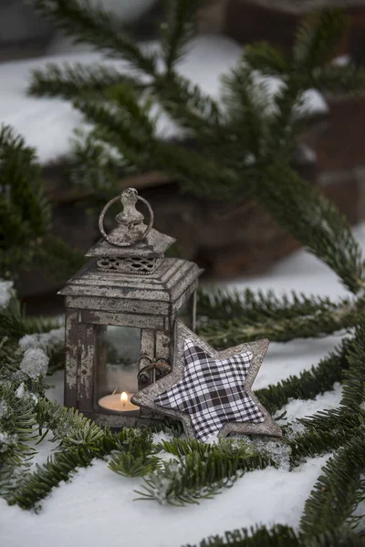 Rustic Christmas Still Life With Star And Lantern — Stock Photo, Image