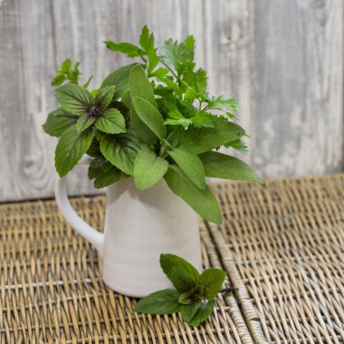 Seramik kapta taze yeşil otlar