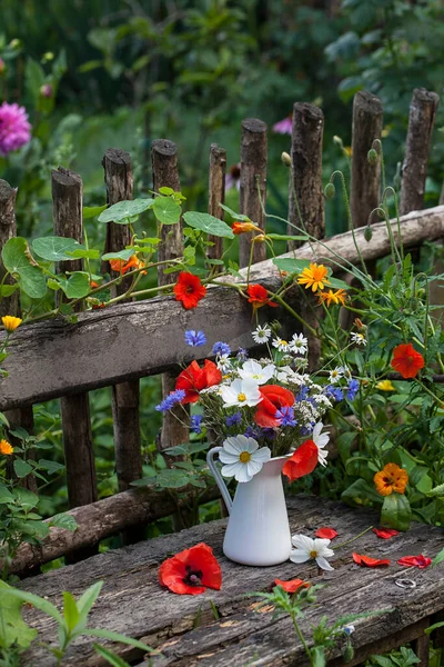 Fleur d'été Nature morte avec vieux banc — Photo