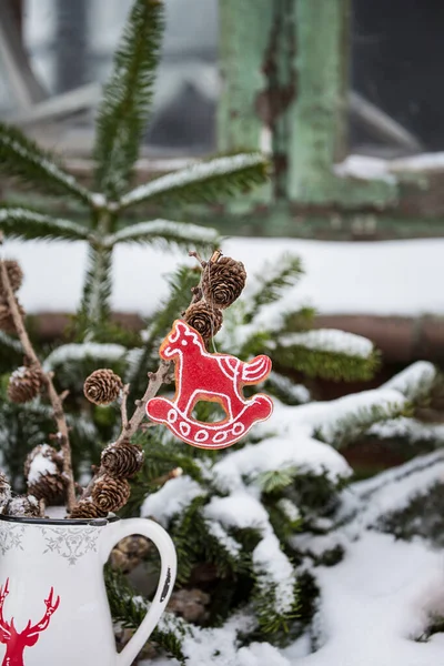 Rocking Horse Christmas Ornament And Snow — Stock Photo, Image