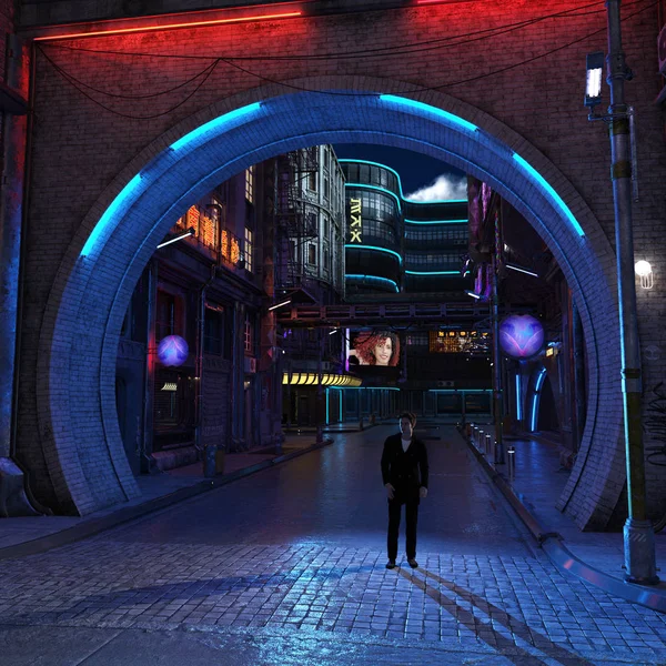 Urban futuristic city lit with neon lights night view 3d render