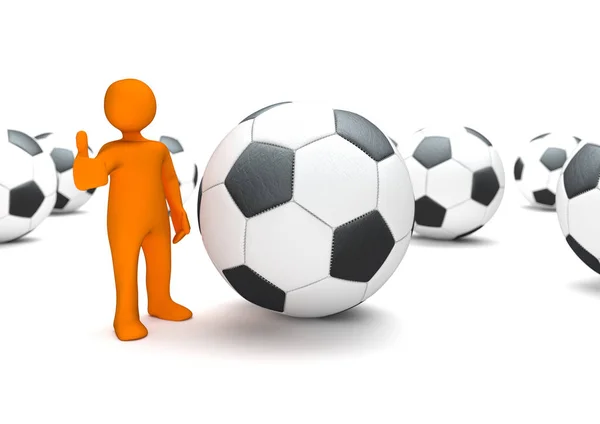 サッカー ボールとを親指でオレンジ色の漫画のキャラクター — ストック写真