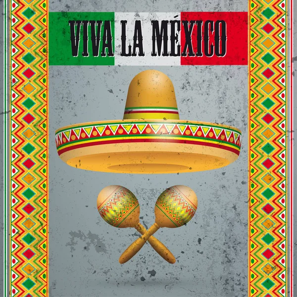 Fondo Hormigón Con Bandera Mexicana Ornamentos Sombrero Texto Viva México — Vector de stock