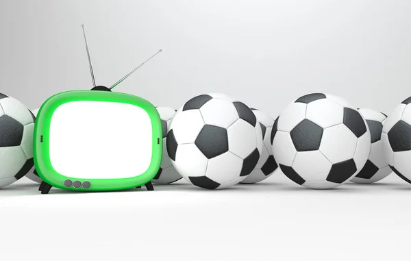 Зеленый Симпатичный Телевизор Классическими Футбольными Мячами Белом Бэкграунде — стоковое фото