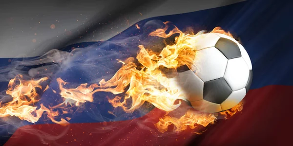Летящий Горящий Футбол Российским Флагом Фоне — стоковое фото