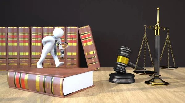 ルーペの法律の本 小槌スケールとテーブルの上の白いマネキン — ストック写真