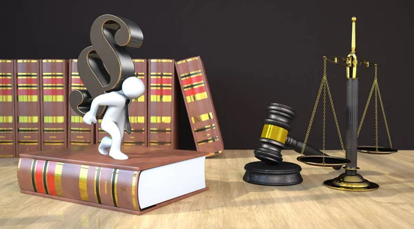 Figurína Odstavcem Dřevěný Stůl Kladívkem Rovnováhu Právní Knihy — Stock fotografie