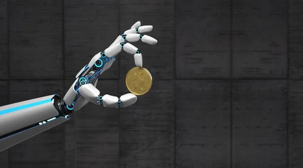 Білий Робот Проведення Золотої Ethereum Coin — стокове фото