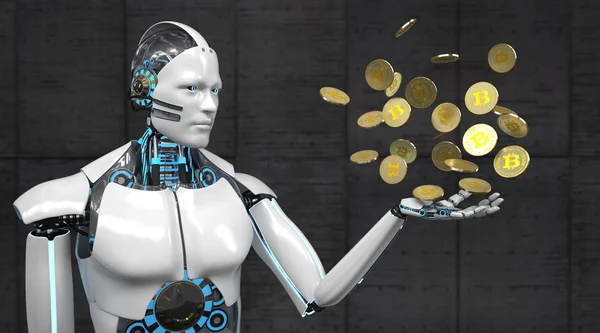 White Robot Golden Bitcoins — Stock Photo, Image