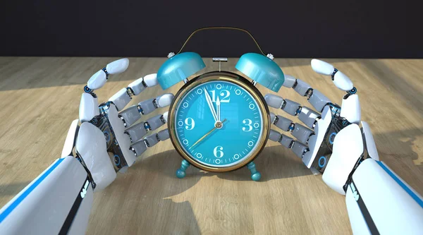 Die Hände Der Roboterhexe Klassischer Alarm Auf Dem Holztisch — Stockfoto