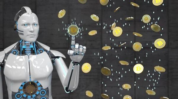 Robô Branco Com Bitcoins Dourados — Fotografia de Stock
