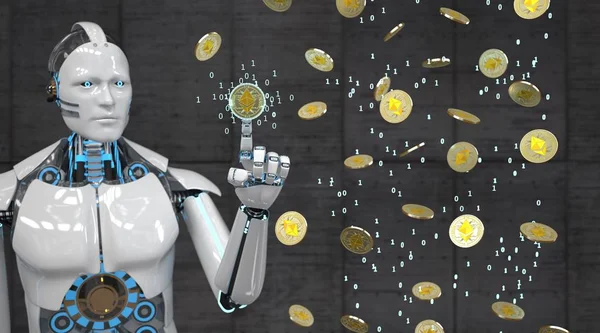 White Robot Golden Ethereum Coins — Stock Photo, Image