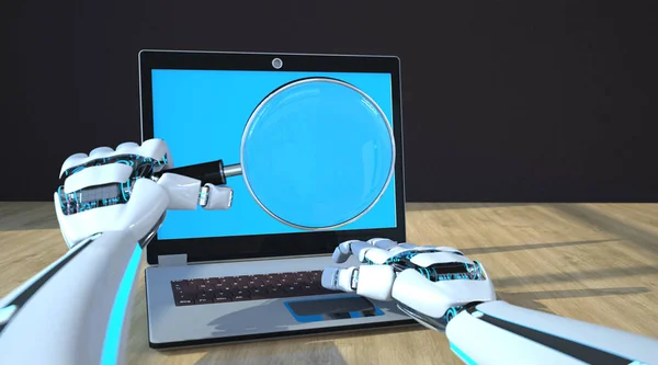 Weißer Roboter Mit Lupe Der Hand — Stockfoto