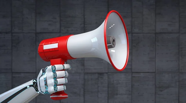 赤い拡声器とロボットの手 — ストック写真