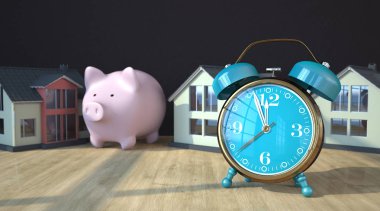Classic alarm with piggy bank and house buildings on wooden table clipart