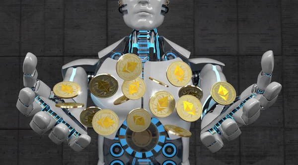 White Robot Golden Ethereum Coins — Stock Photo, Image