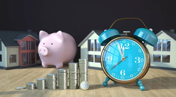 Chart of one Euro coins with alarm, piggy bank and houses on table