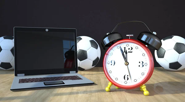 Defter Ile Futbol Topları Alarm Alman Renk Ahşap Masa — Stok fotoğraf