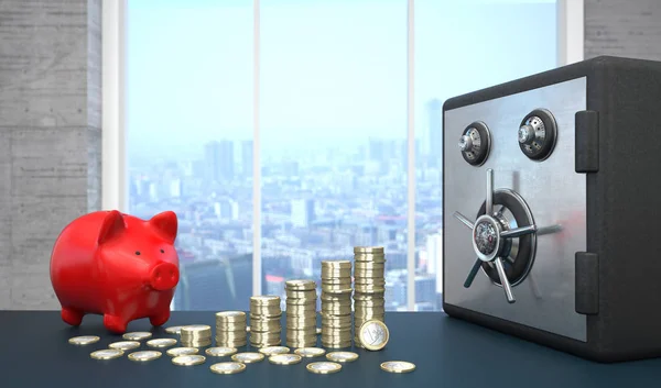 在商务房桌上放有保险柜和红色小猪银行的欧元硬币增长图 — 图库照片