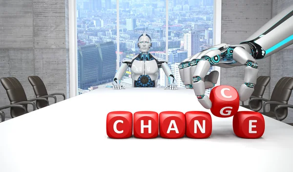 Ruka Robota Červenými Kostkami Textu Změna Šanci Stole — Stock fotografie
