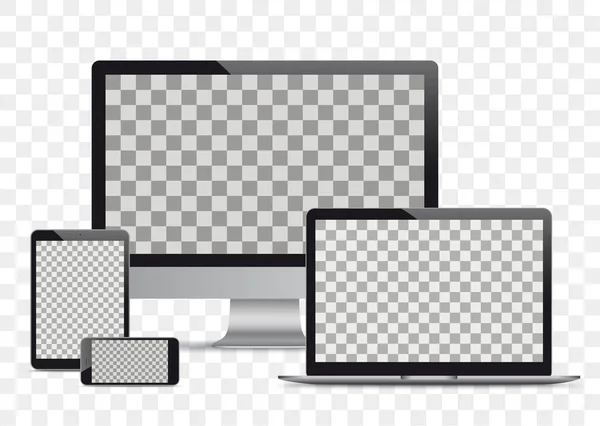 Set Realistic Monitor Notebook Tablet Phone Checked Background — Stock Vector