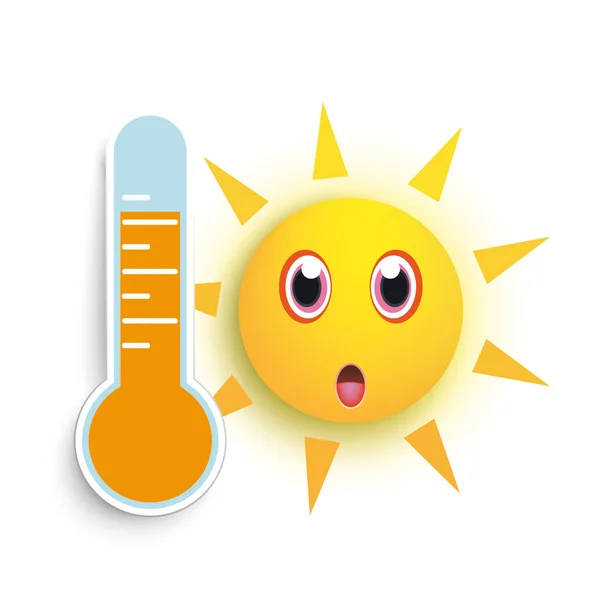 白い背景上の温度計と驚かれる太陽の顔 — ストックベクタ