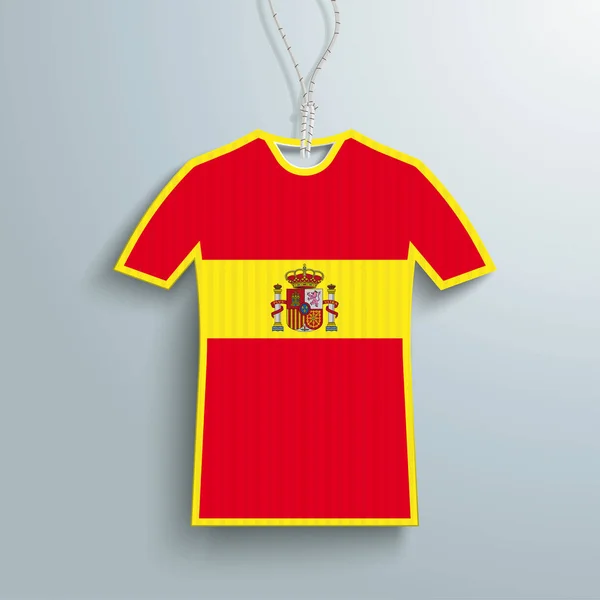 红色和黄色垂悬的价格标签在 T恤形状与西班牙旗子在灰色背景 — 图库矢量图片