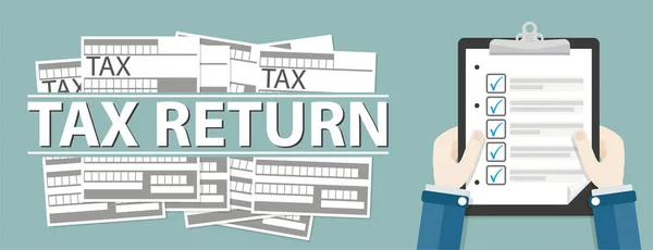 Mãos Com Lista Verificação Formulários Fiscais Declaração Imposto Texto — Vetor de Stock