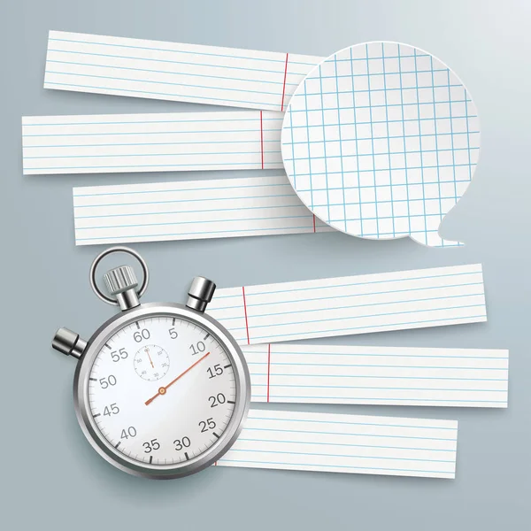 Gri Arka Plan Üzerinde Kronometre Kağıt Şeritler Ile Konuşma Balonları — Stok Vektör