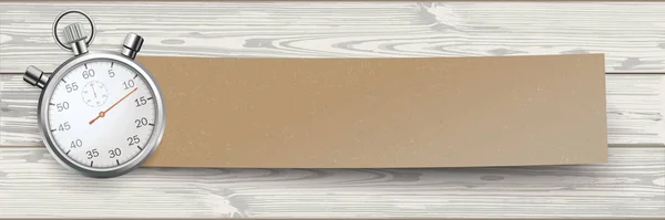 ストップウォッチと木製の背景の影と紙のバナー — ストックベクタ