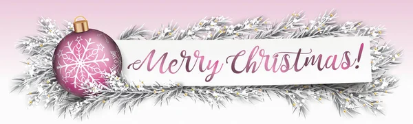 Bevroren Twijgen Roze Bauble Papieren Sticker Met Tekst Merry Christmas — Stockvector