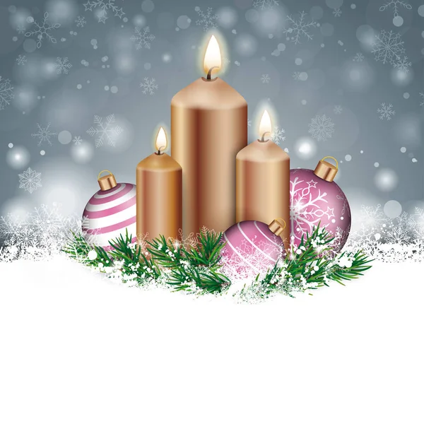 Tarjeta Navidad Con Copos Nieve Velas Una Bolas Color Rosa — Vector de stock