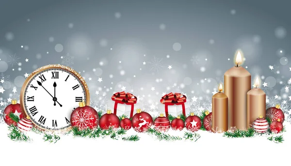 Cabecera Navidad Con Reloj Velas Chucherías Regalos Ramitas Nieve Archivo — Vector de stock