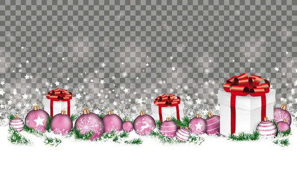 Koptekst Van Kerst Met Kerstballen Geschenken Takjes Sneeuw Grijze Achtergrond — Stockvector