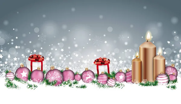 Рождественский Заголовок Свечами Безделушками Подарками Ветками Снегу Сером Фоне Векторный — стоковый вектор