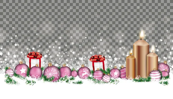 Рождественский Заголовок Свечами Безделушками Подарками Веточками Снегу Проверенном Фоне Векторный — стоковый вектор