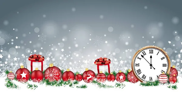 Cabecera Navidad Con Reloj Clásico Adornos Regalos Ramitas Nieve Archivo — Archivo Imágenes Vectoriales