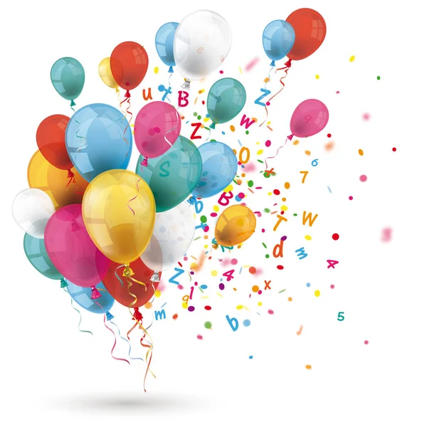 Gekleurde Ballonnen Met Letters Confetti Witte Achtergrond Eps Vector Bestand — Stockvector