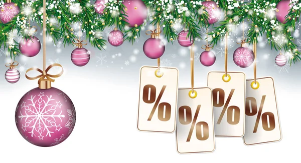 Tarjeta Navidad Gris Con Nieve Adornos Pegatinas Precios Con Porcentajes — Vector de stock