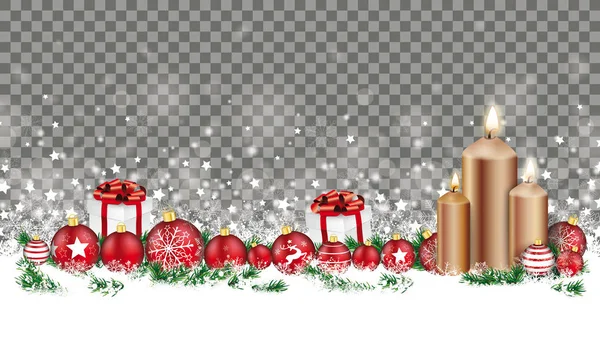 Tête Noël Avec Bougies Boules Cadeaux Brindilles Dans Neige Sur — Image vectorielle